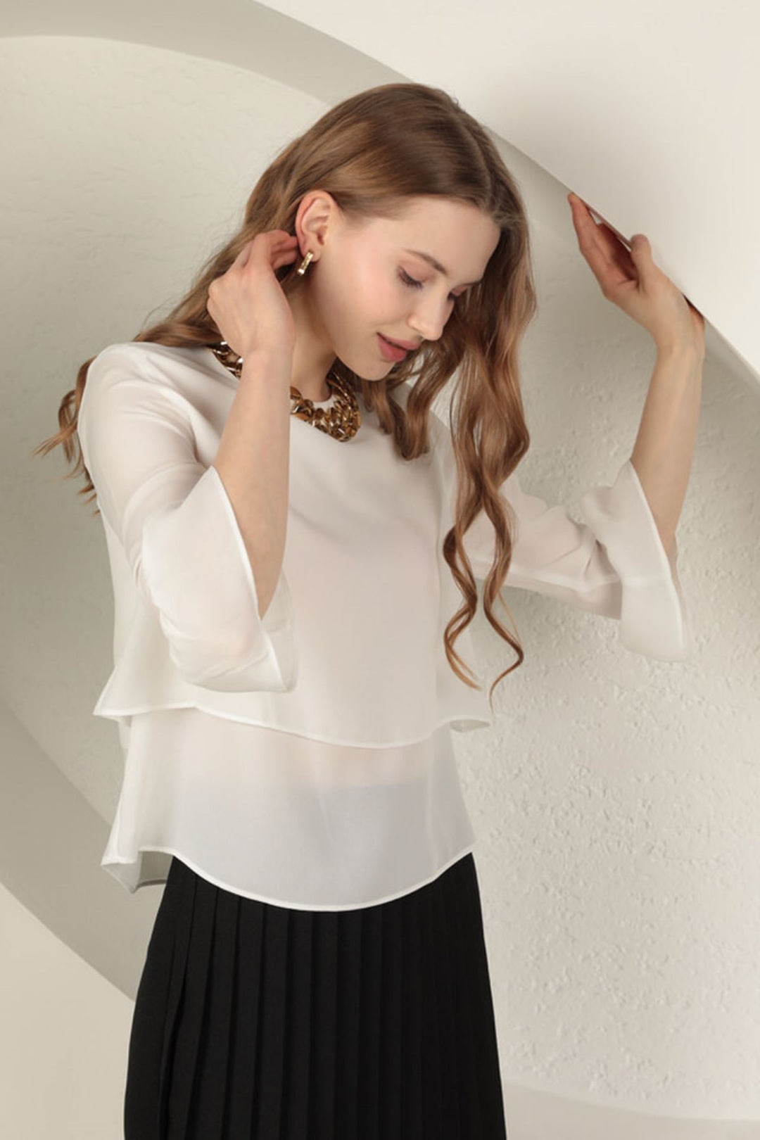 KKT Crepe Fabric Sleeves Flounce Women's Blouse-Ecru - Kawartha Lakes