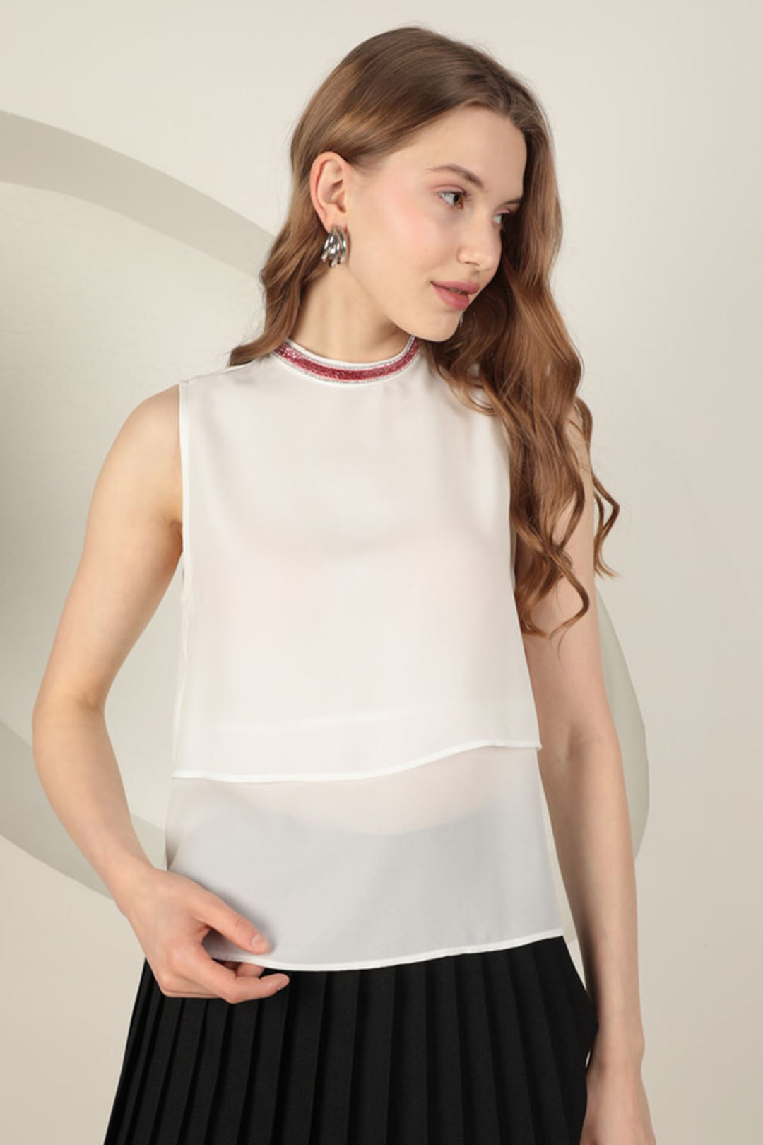 KKT Crepe Fabric Women's Blouse with Striped Stones - Ecru - Almere