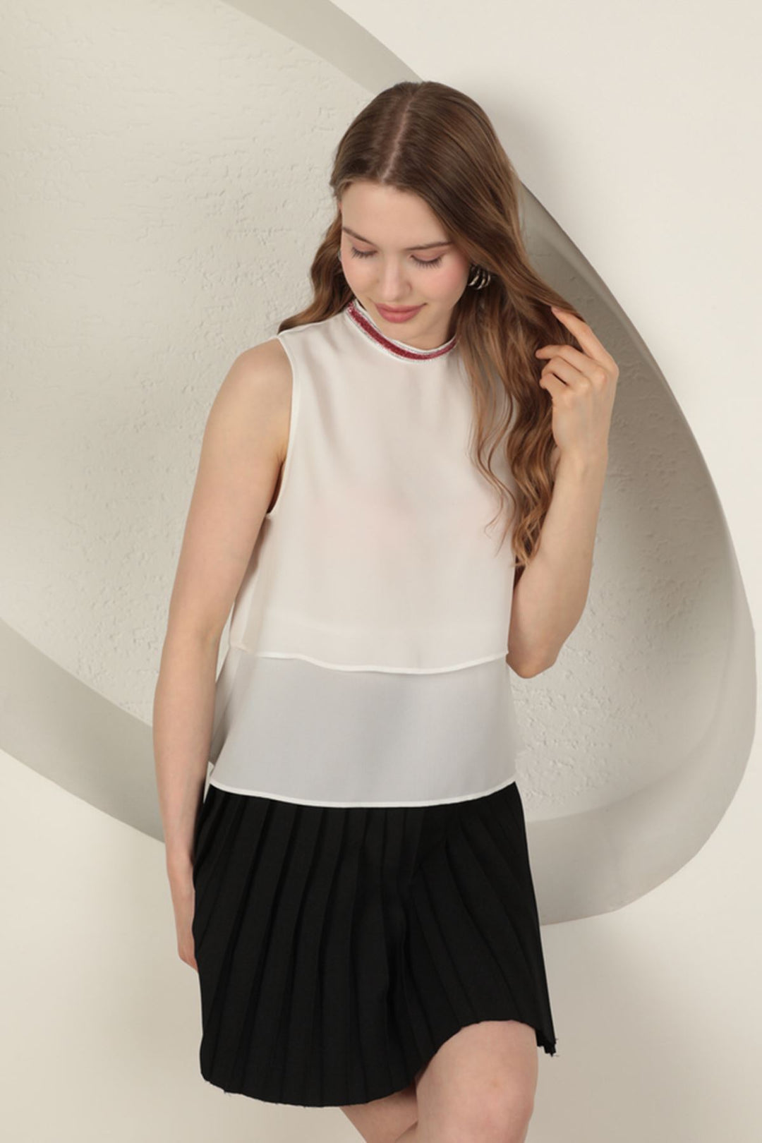 KKT Crepe Fabric Women's Blouse with Striped Stones - Ecru - Almere