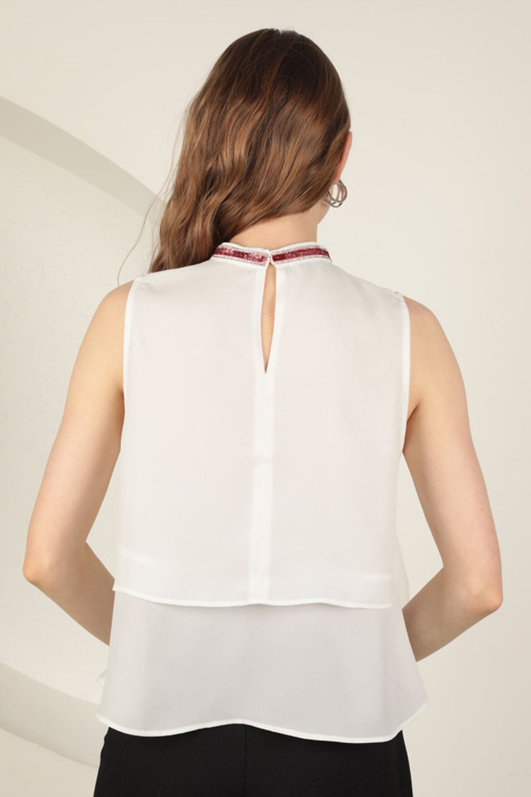 KKT Crepe Fabric Women's Blouse with Striped Stones - Ecru - Almere