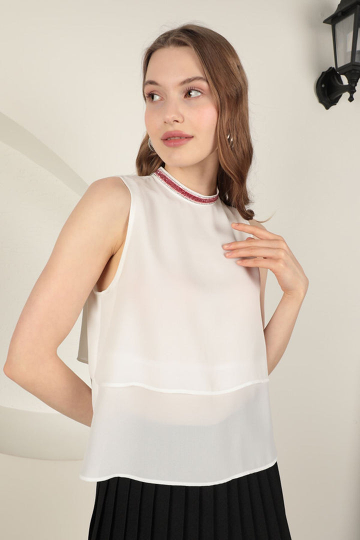 KKT Crepe Fabric Women's Blouse with Striped Stones - Ecru - Almere