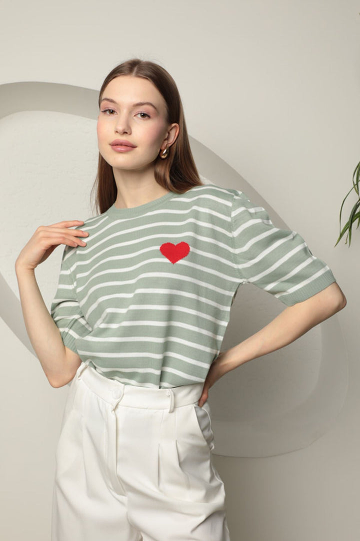 KKT Knitwear Striped Heart Patterned Women's Blouse-Mint - Bourges