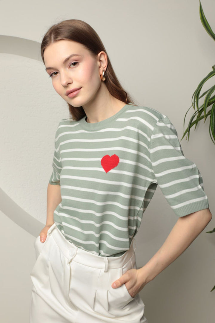 KKT Knitwear Striped Heart Patterned Women's Blouse-Mint - Bourges