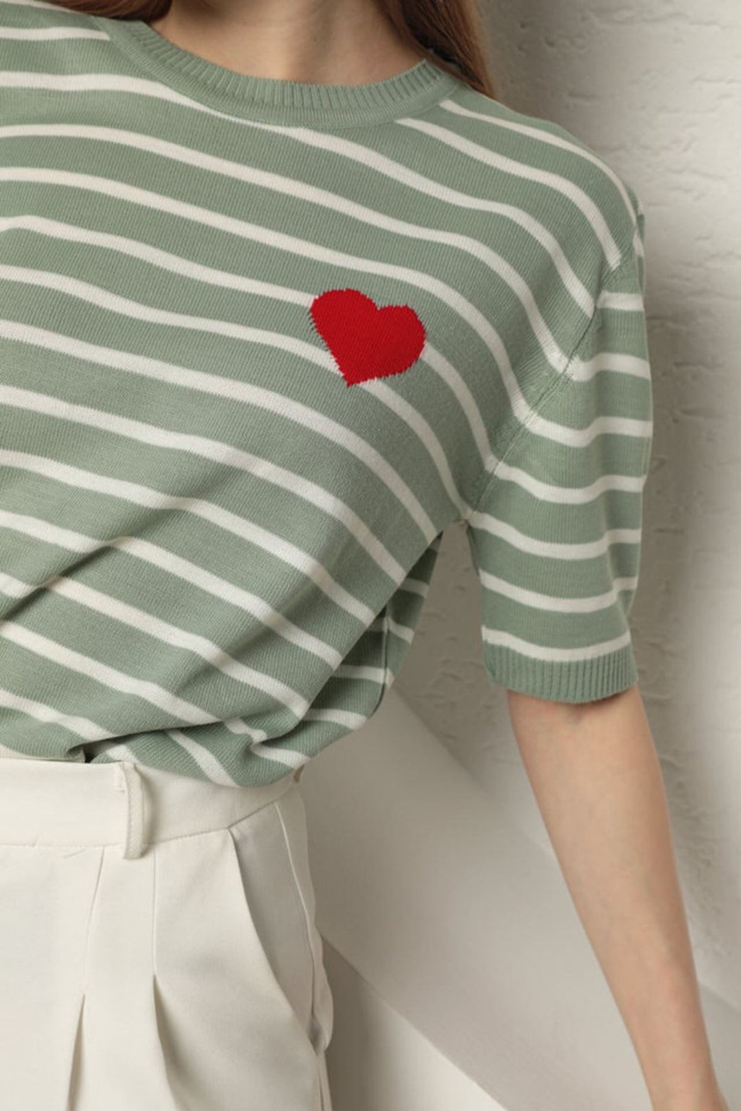 KKT Knitwear Striped Heart Patterned Women's Blouse-Mint - Bourges