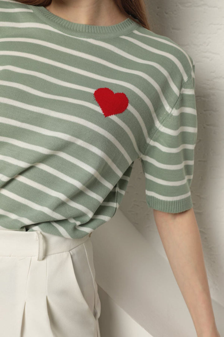 KKT Knitwear Striped Heart Patterned Women's Blouse-Mint - Bourges