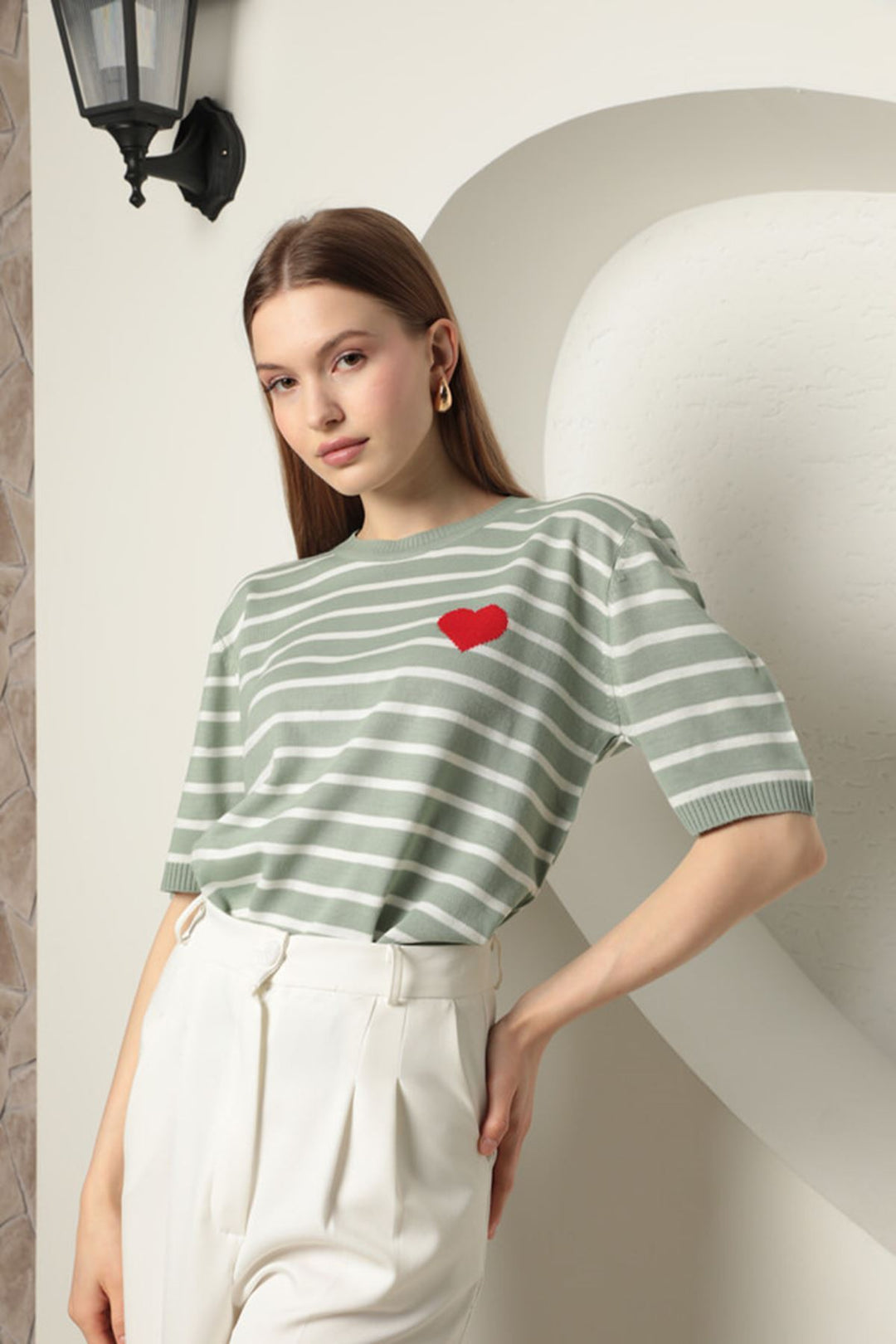 KKT Knitwear Striped Heart Patterned Women's Blouse-Mint - Bourges
