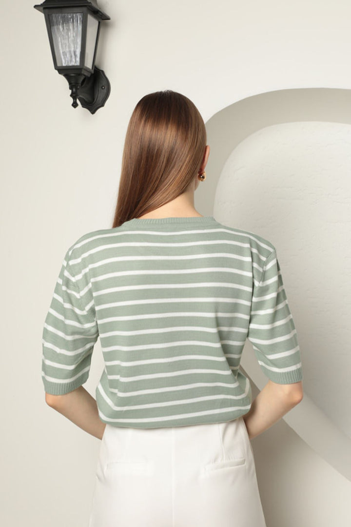 KKT Knitwear Striped Heart Patterned Women's Blouse-Mint - Bourges