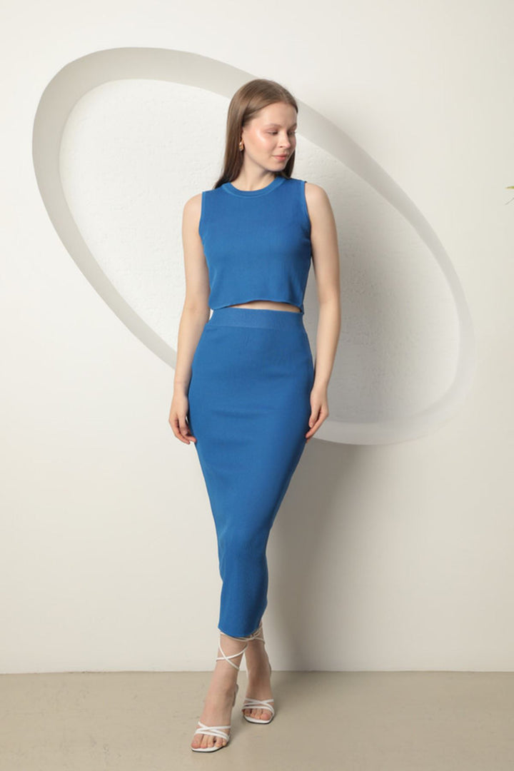 KKT Knitwear Fabric Women's Skirt Crop Set-Sax - Edmond