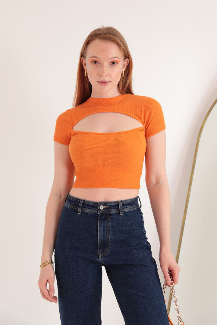 KKT Camisole Fabric Front Window Short Sleeve Women's Blouse-Orange - Red Deer