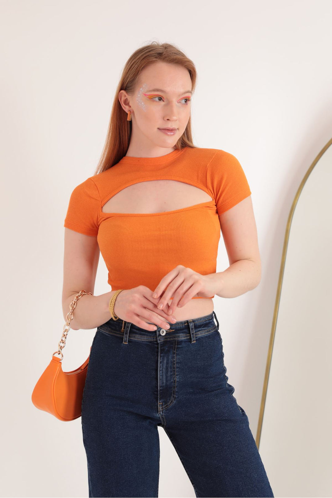 KKT Camisole Fabric Front Window Short Sleeve Women's Blouse-Orange - Red Deer