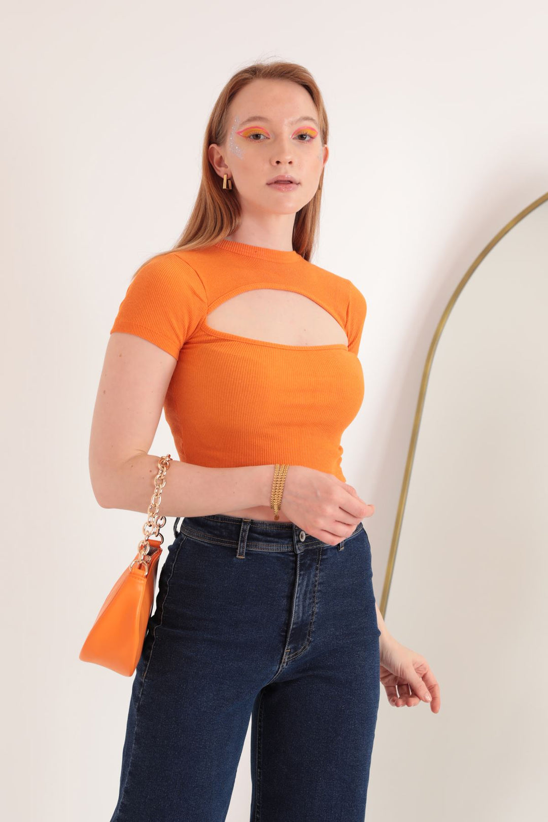 KKT Camisole Fabric Front Window Short Sleeve Women's Blouse-Orange - Red Deer