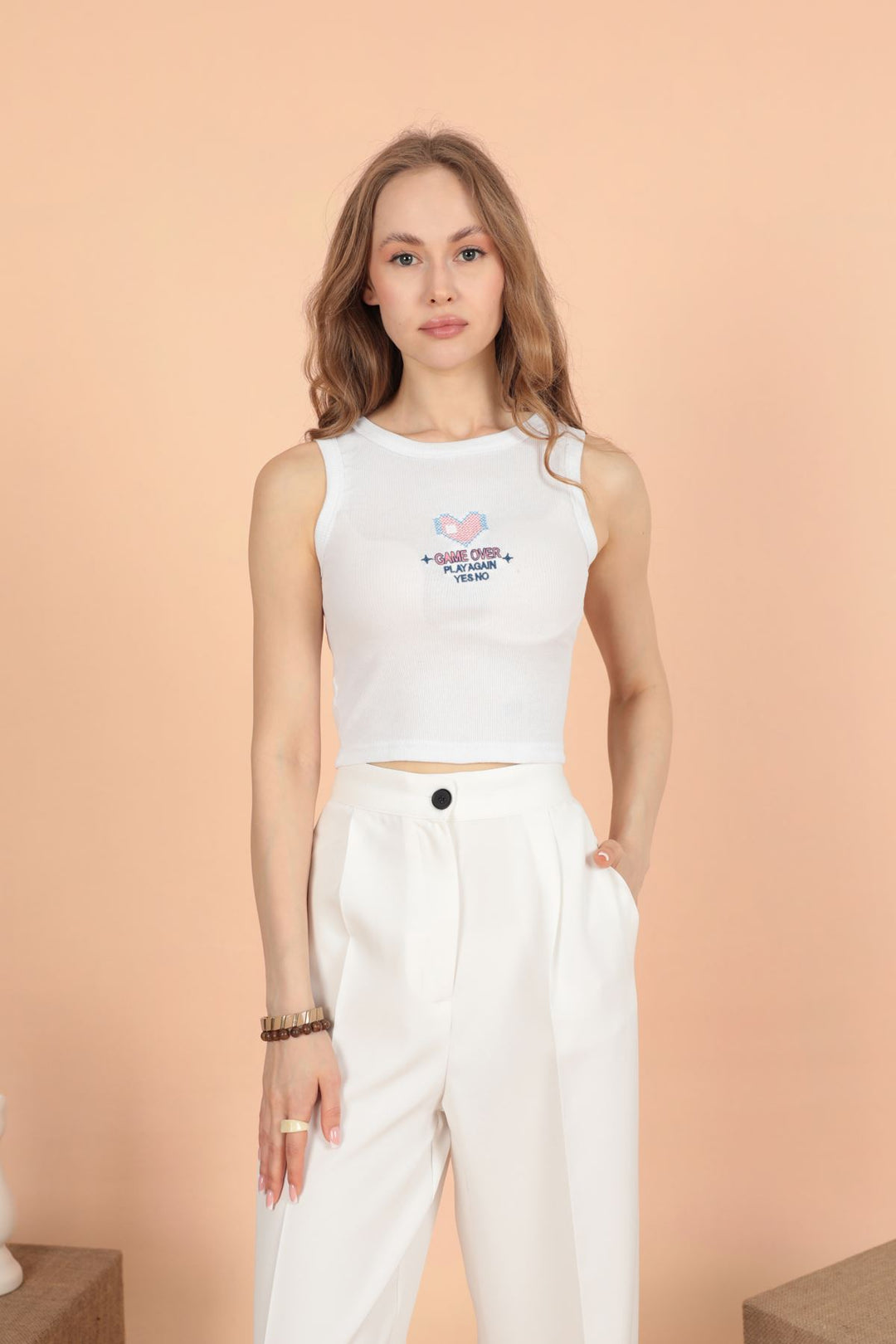 KKT Game Over Embroidered Camisole Women's Blouse-Ecru - Peachtree City