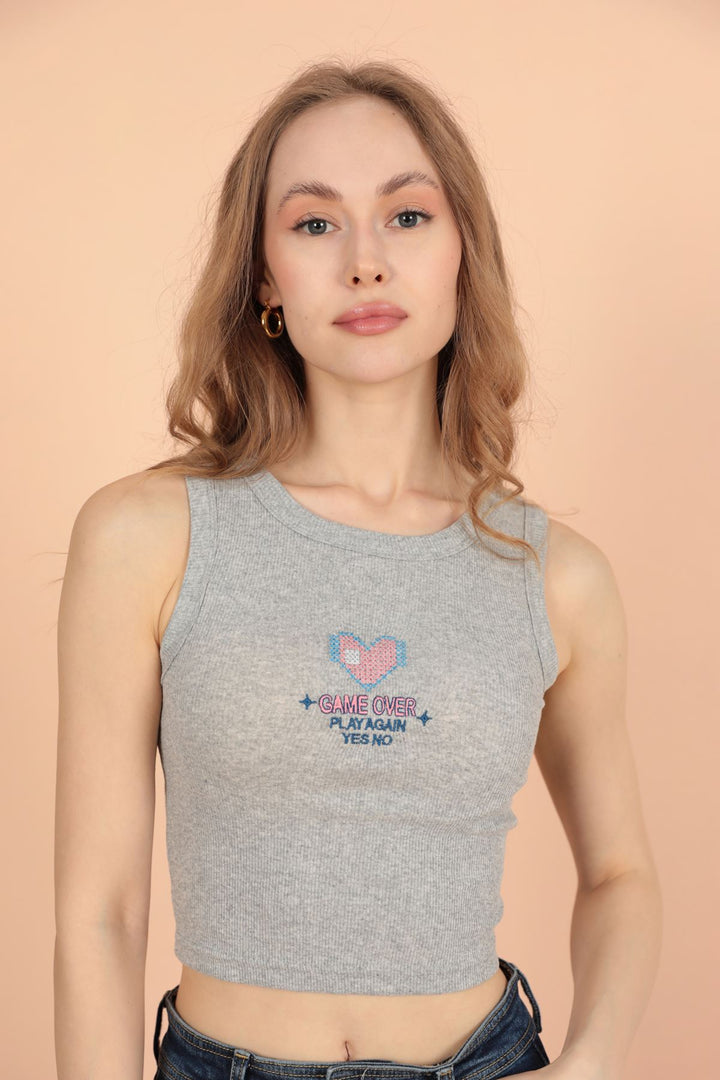 KKT Game Over Embroidered Women's Blouse-Grey - Whitney