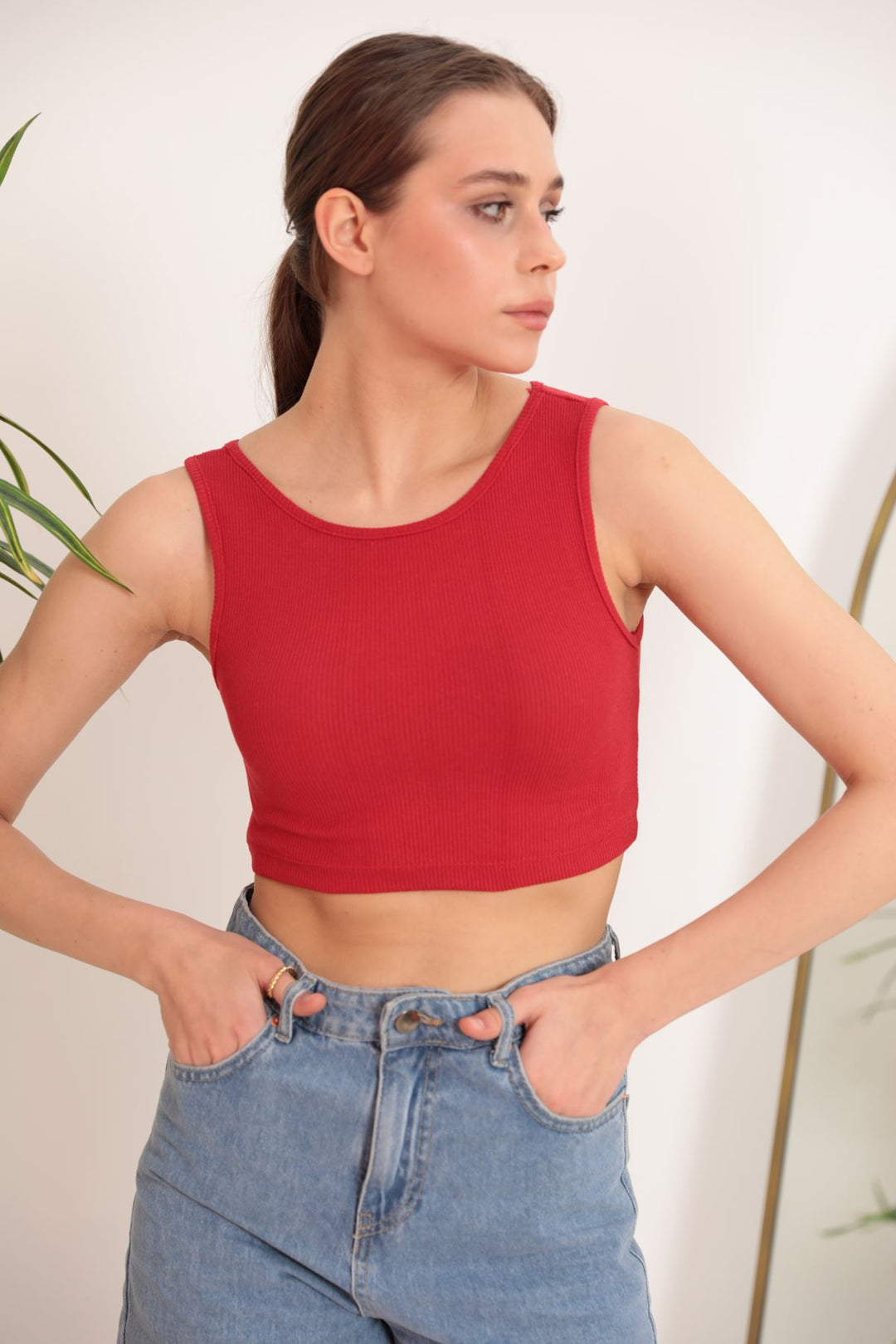 KKT Camisole Fabric Halter Neck Sleeveless Women's Blouse-Red - Linz