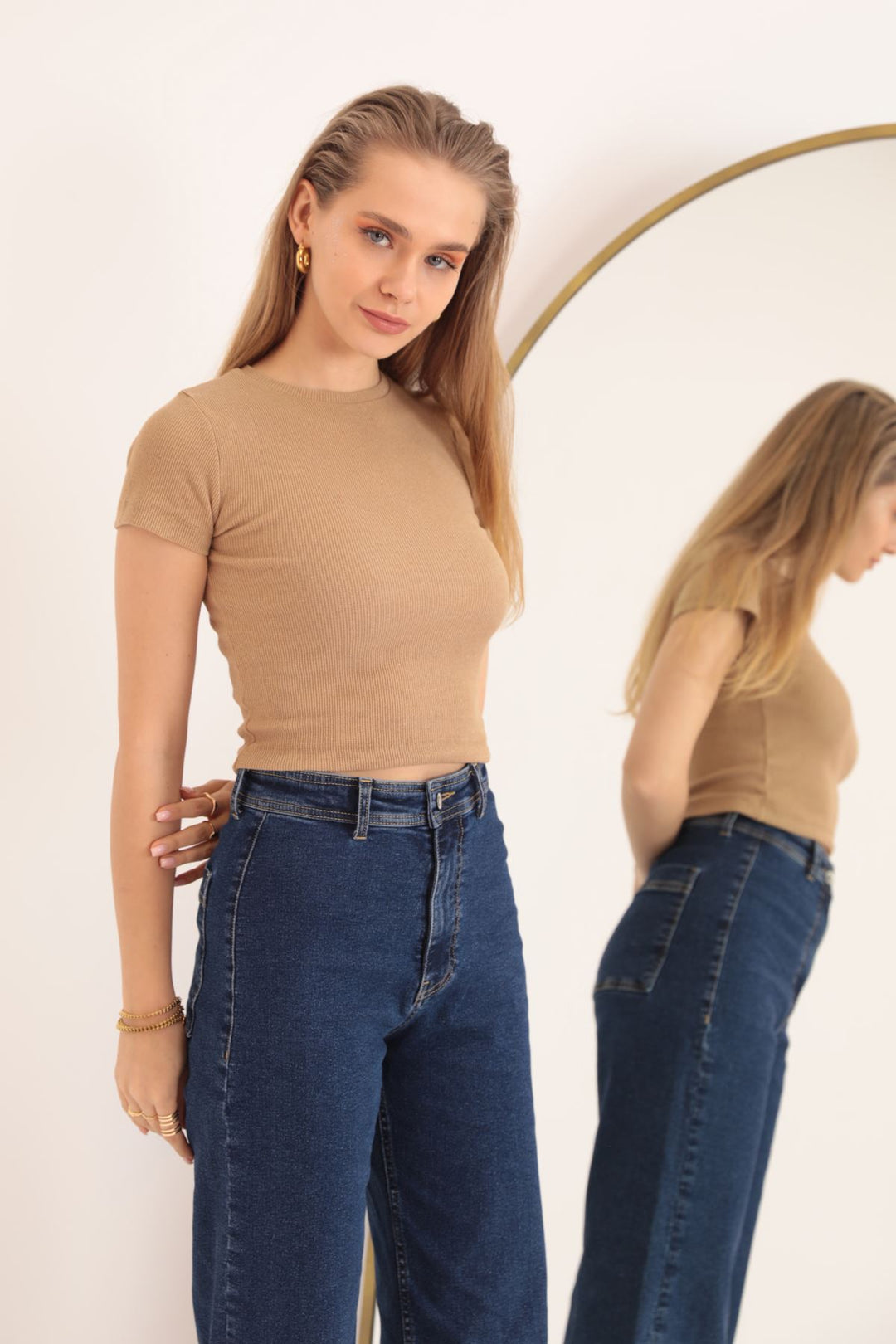 KKT Camisole Fabric Short Sleeve Basic Women's Blouse-Beige - Tokyo