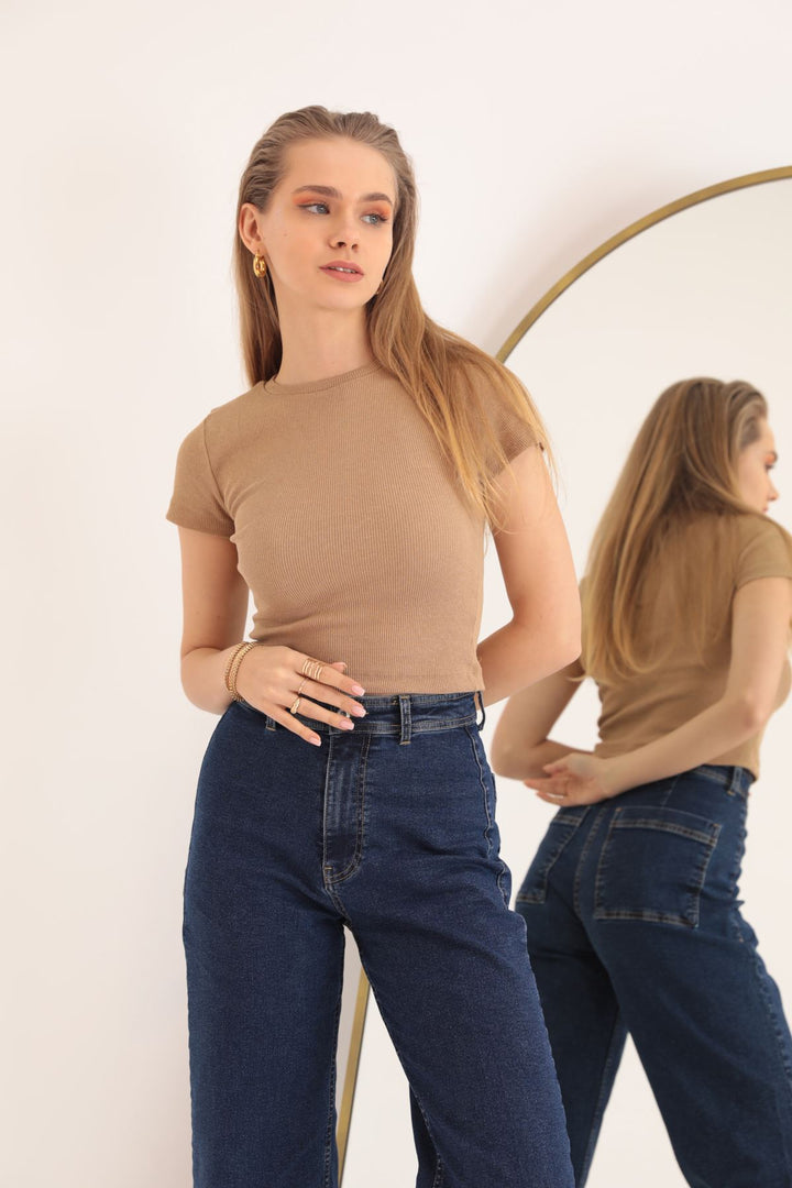 KKT Camisole Fabric Short Sleeve Basic Women's Blouse-Beige - Tokyo