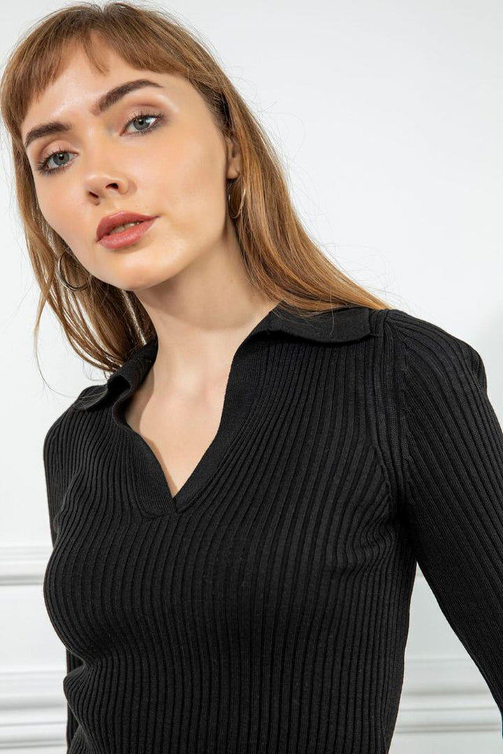 KKT Knitwear Fabric Long Sleeve Shirt Collar Tight Fit Women Sweater - Black - Bendigo