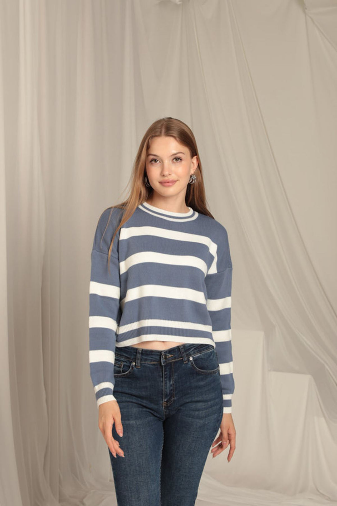 KKT Knitwear Fabric Striped Women's Indigo Sweater - Viersen