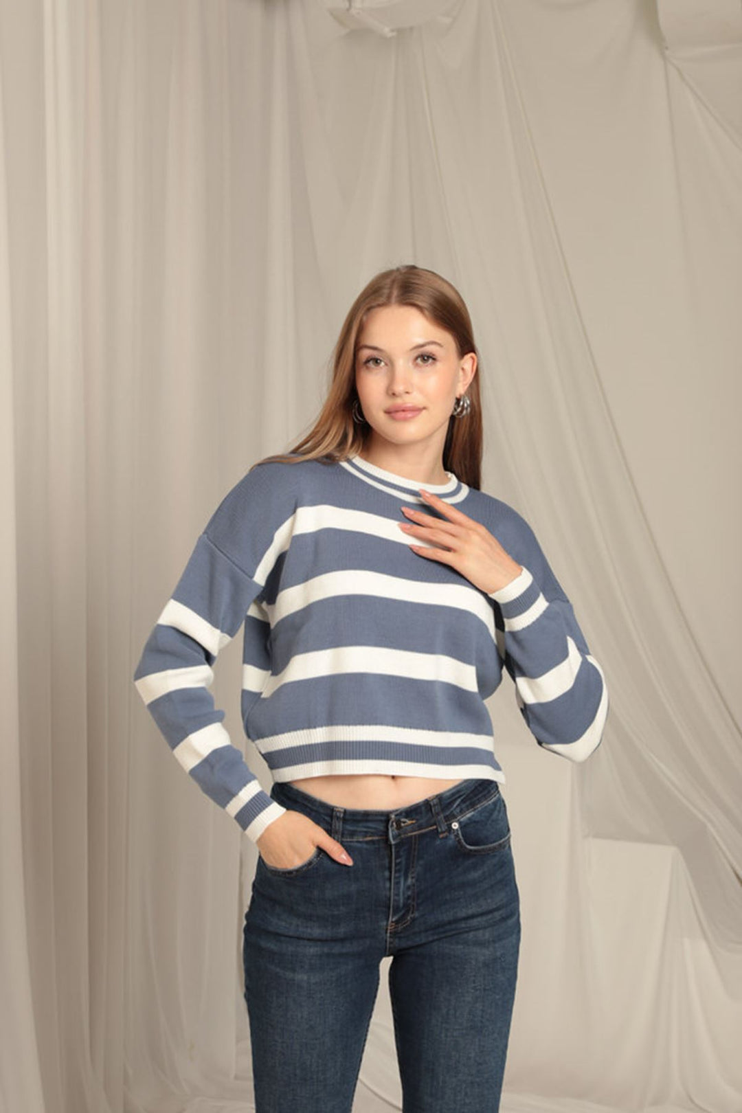 KKT Knitwear Fabric Striped Women's Indigo Sweater - Viersen