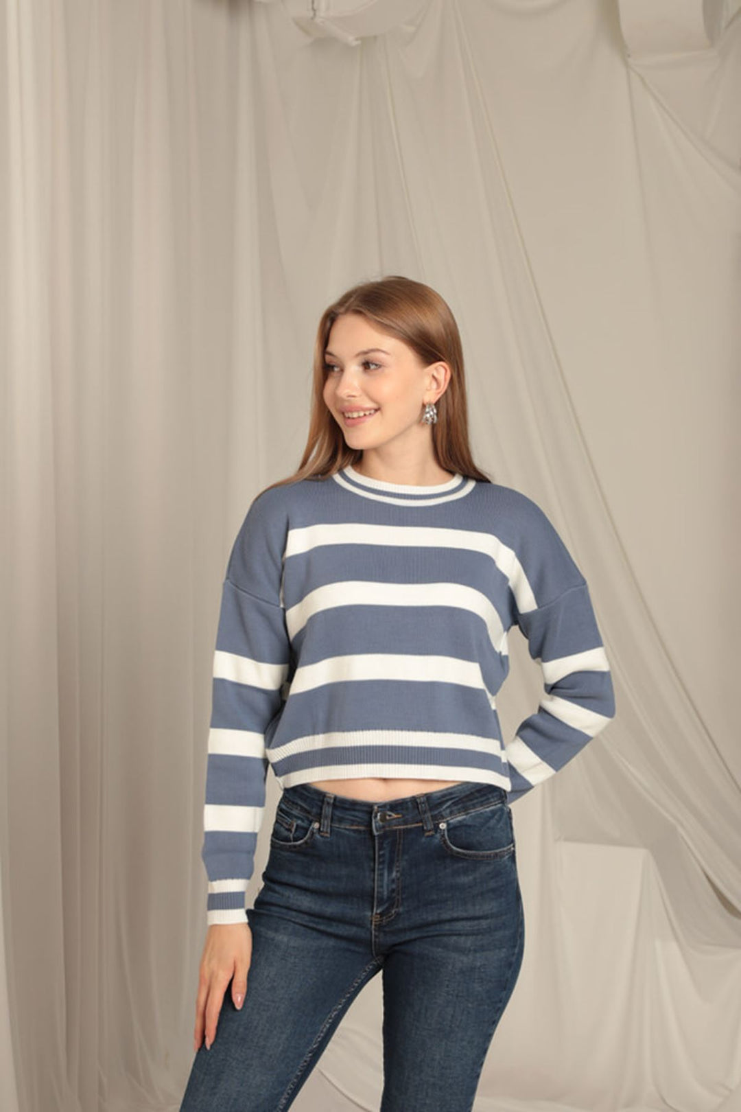 KKT Knitwear Fabric Striped Women's Indigo Sweater - Viersen