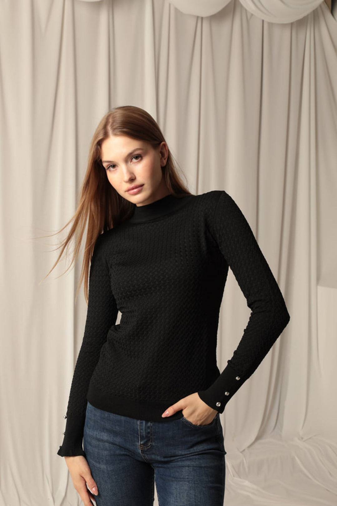 KKT Knitwear Fabric Patterned Buttoned Sleeve Women's Black Blouse - Chapel Hill