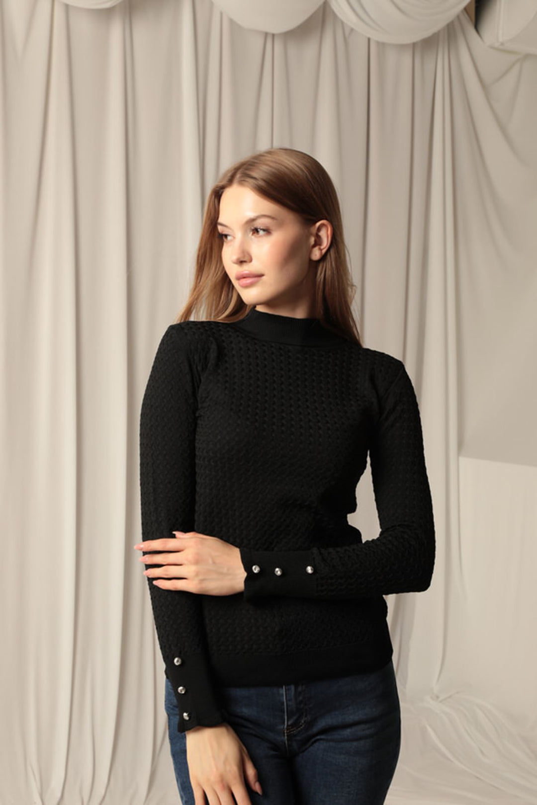 KKT Knitwear Fabric Patterned Buttoned Sleeve Women's Black Blouse - Chapel Hill