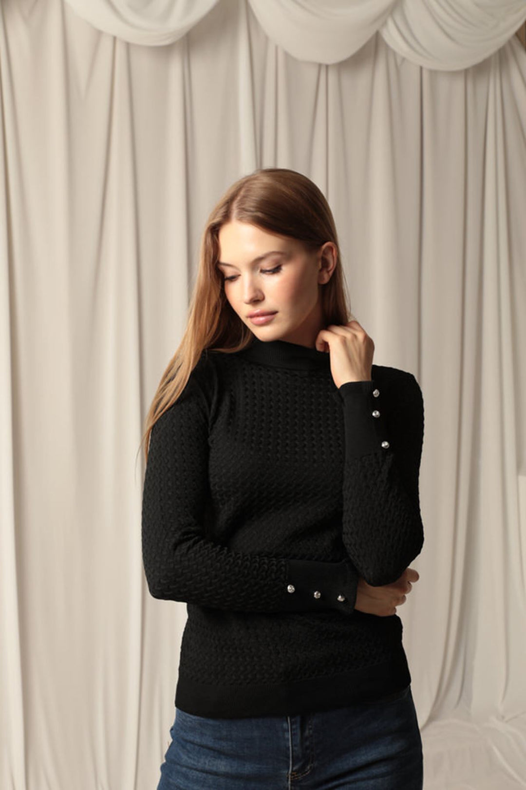 KKT Knitwear Fabric Patterned Buttoned Sleeve Women's Black Blouse - Chapel Hill