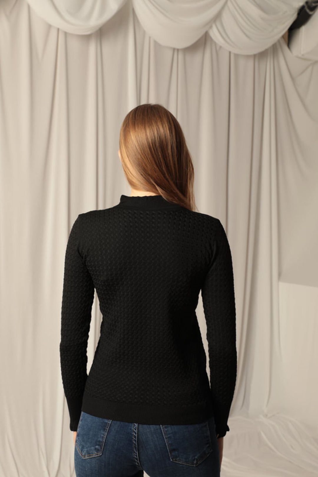 KKT Knitwear Fabric Patterned Buttoned Sleeve Women's Black Blouse - Chapel Hill