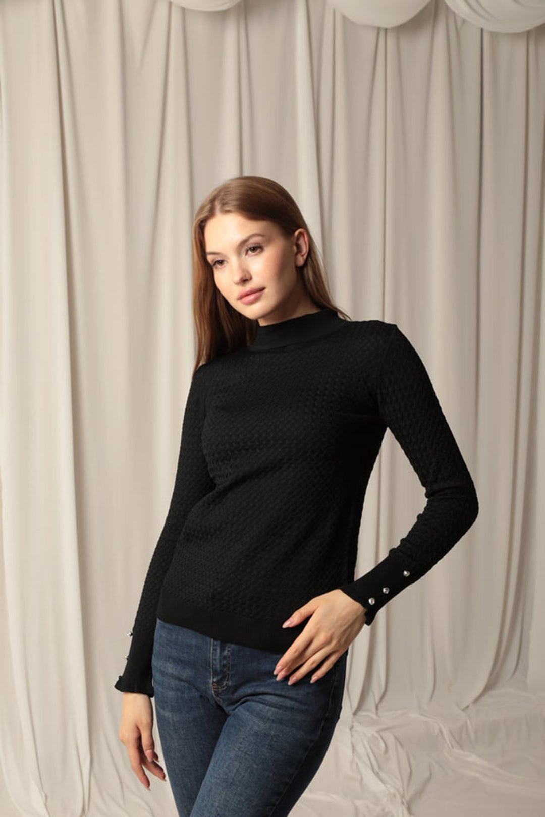 KKT Knitwear Fabric Patterned Buttoned Sleeve Women's Black Blouse - Chapel Hill
