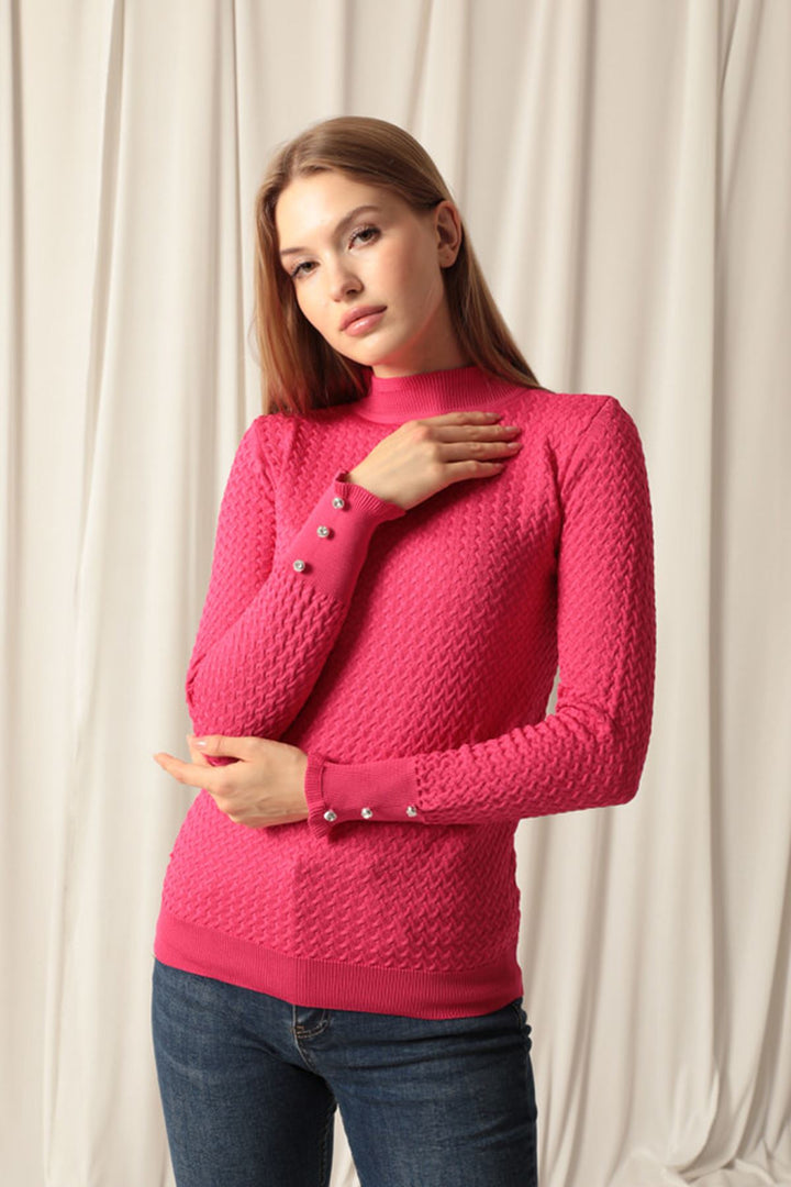 KKT Knitwear Fabric Patterned Buttoned Sleeve Women's Fuchsia Blouse - North Shields