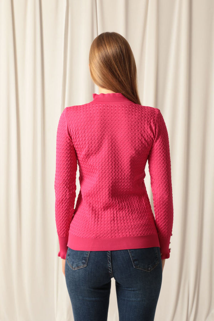 KKT Knitwear Fabric Patterned Buttoned Sleeve Women's Fuchsia Blouse - North Shields