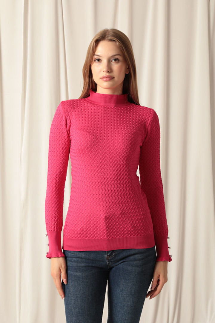 KKT Knitwear Fabric Patterned Buttoned Sleeve Women's Fuchsia Blouse - North Shields
