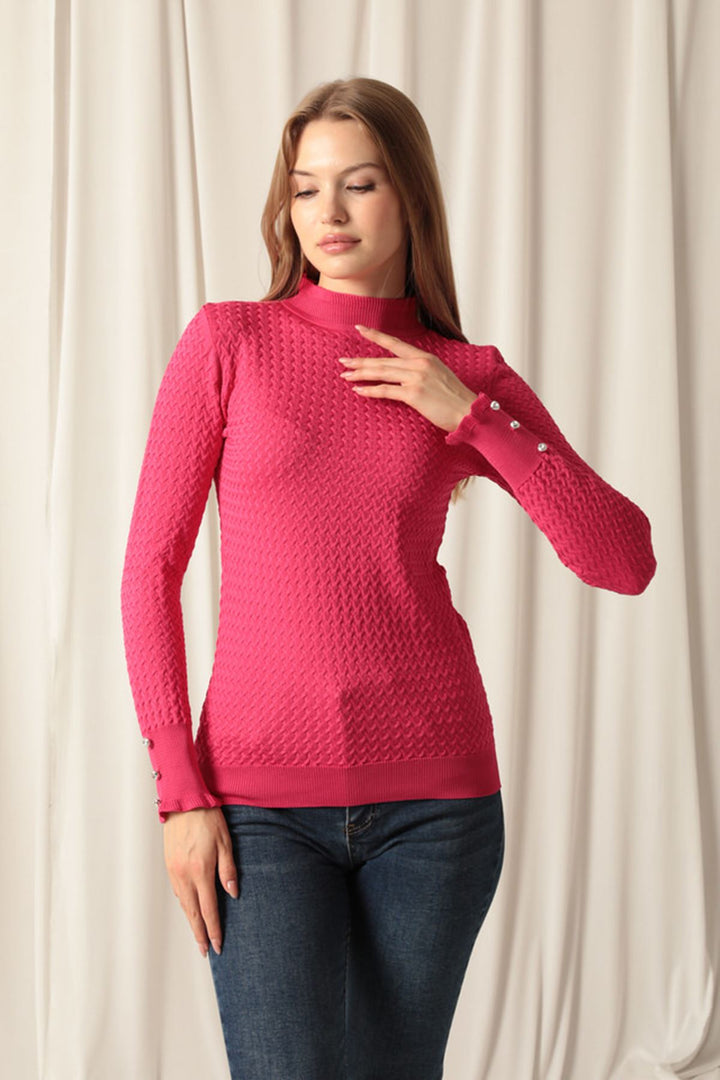 KKT Knitwear Fabric Patterned Buttoned Sleeve Women's Fuchsia Blouse - North Shields