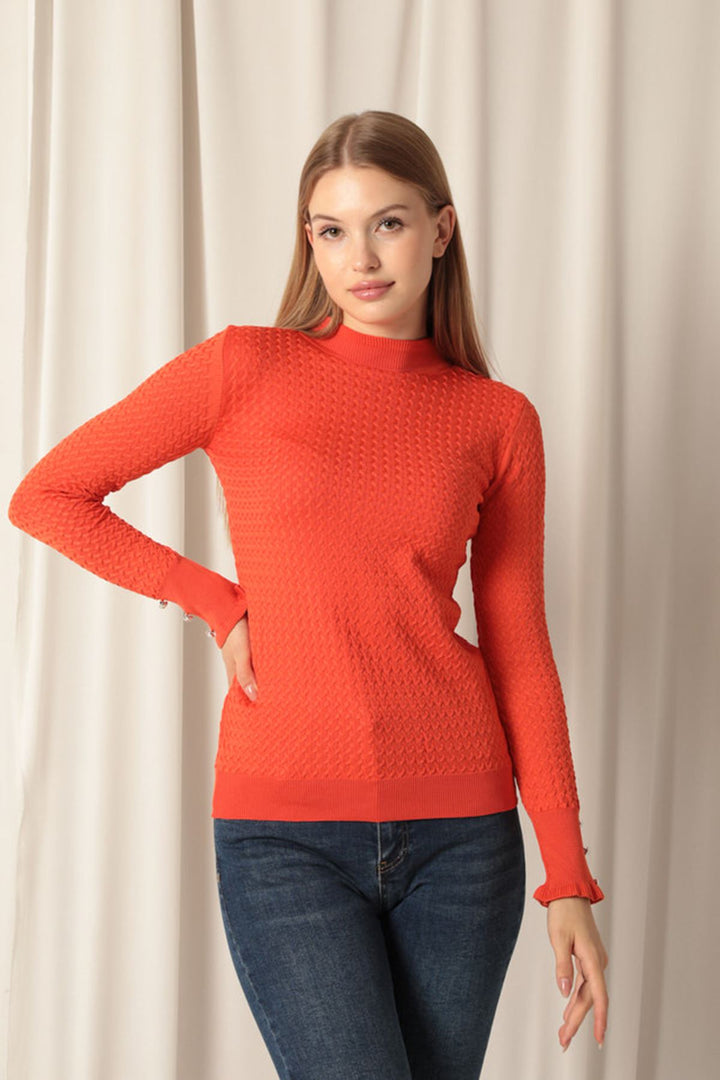 KKT Knitwear Fabric Patterned Buttoned Sleeve Women's Orange Blouse - Bangor