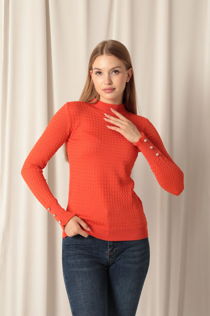 KKT Knitwear Fabric Patterned Buttoned Sleeve Women's Orange Blouse - Bangor