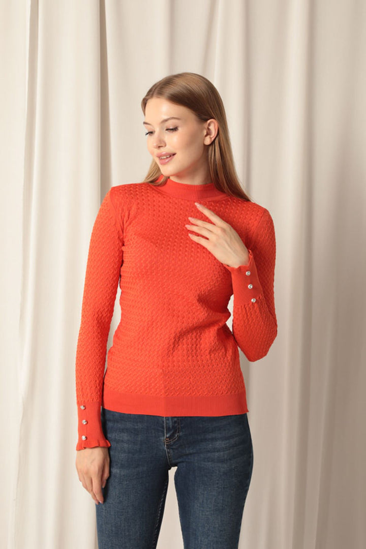 KKT Knitwear Fabric Patterned Buttoned Sleeve Women's Orange Blouse - Bangor