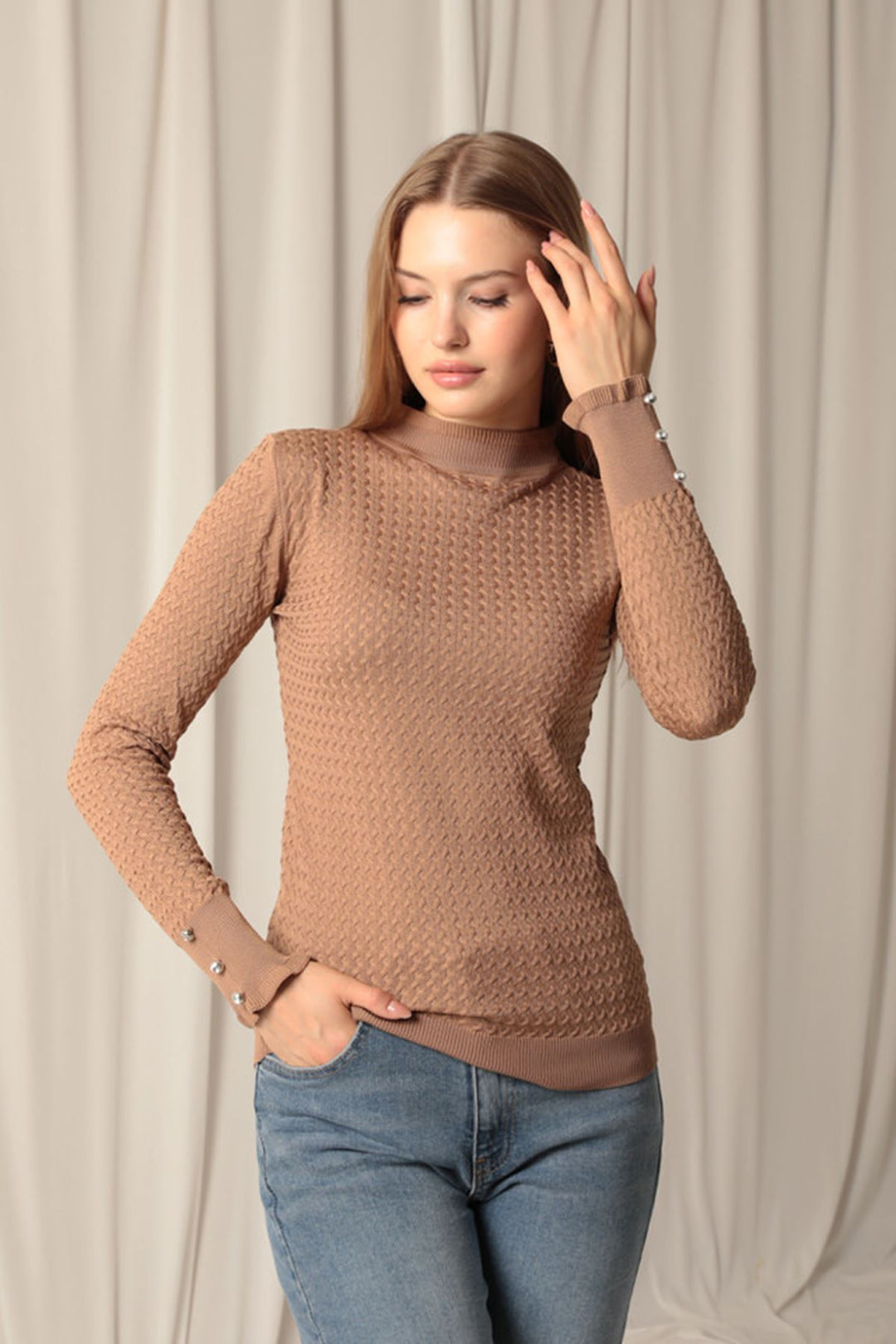KKT Knitwear Fabric Patterned Buttoned Sleeve Women's Coffee Blouse - Hoofddorp