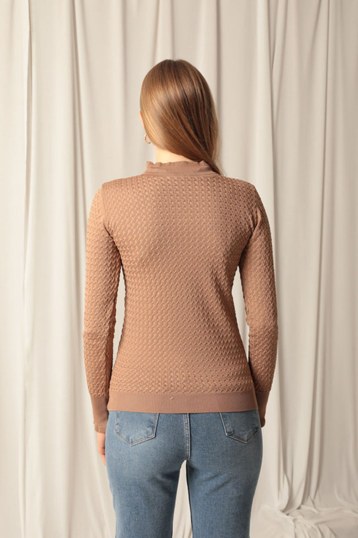 KKT Knitwear Fabric Patterned Buttoned Sleeve Women's Coffee Blouse - Hoofddorp