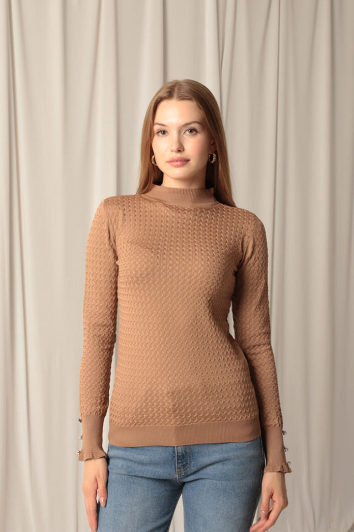 KKT Knitwear Fabric Patterned Buttoned Sleeve Women's Coffee Blouse - Hoofddorp