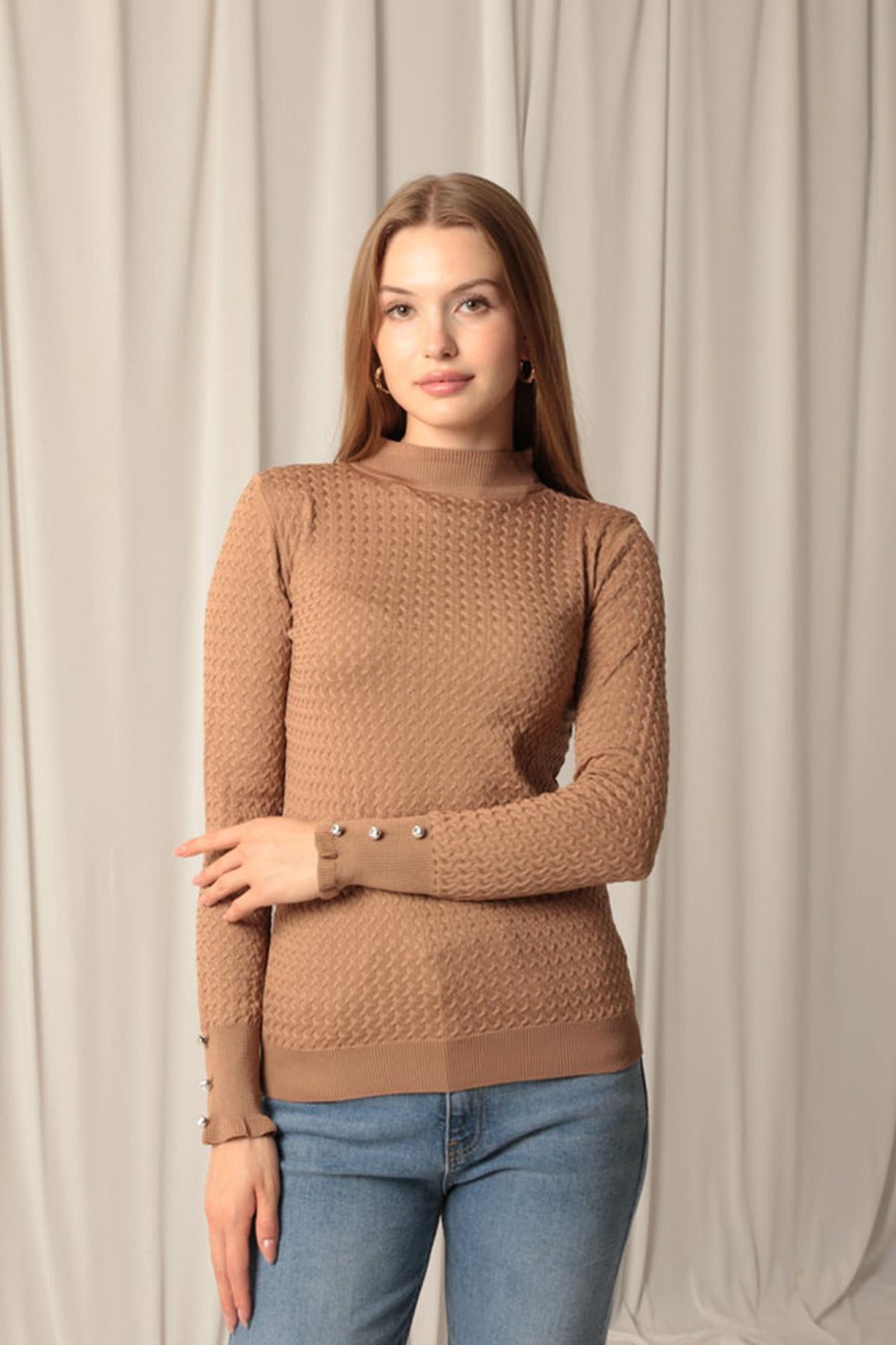KKT Knitwear Fabric Patterned Buttoned Sleeve Women's Coffee Blouse - Hoofddorp