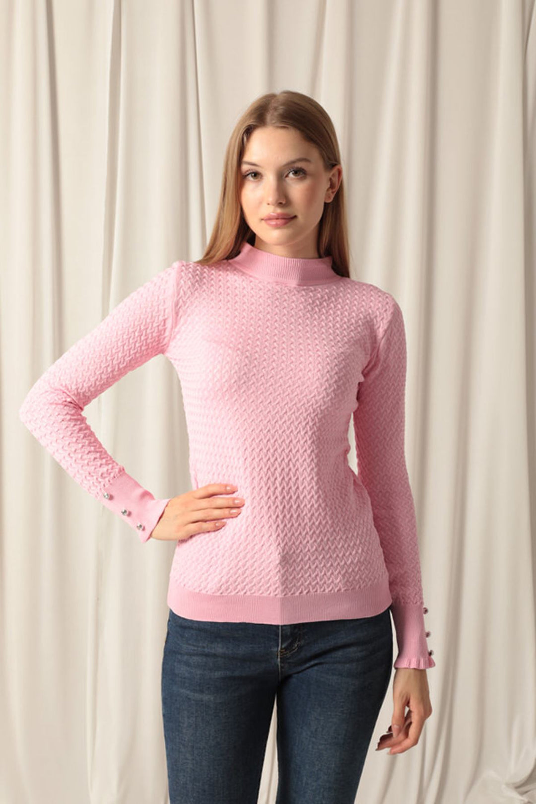 KKT Knitwear Fabric Patterned Buttoned Sleeve Women's Pink Blouse - Sun City