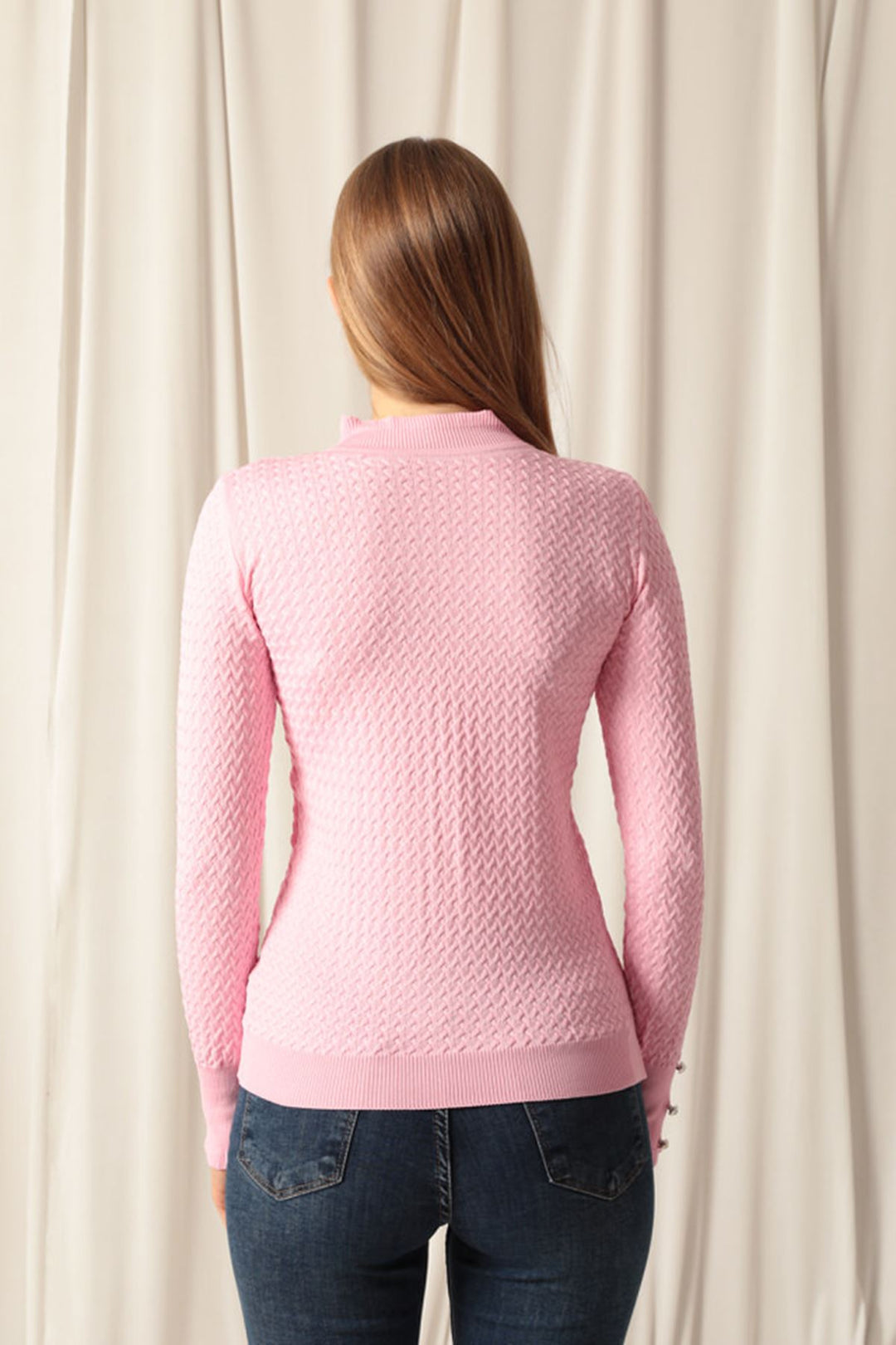 KKT Knitwear Fabric Patterned Buttoned Sleeve Women's Pink Blouse - Sun City