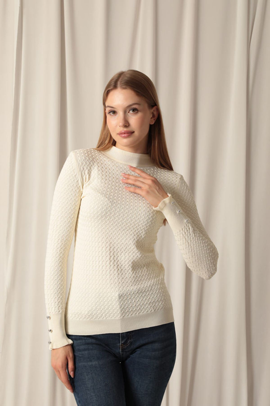 KKT Knitwear Fabric Patterned Buttoned Sleeve Women's Stone Blouse - Galapagar