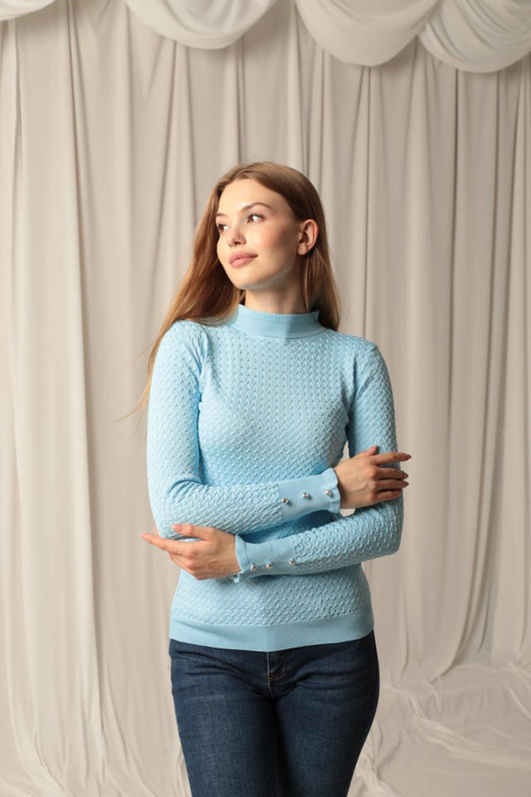 KKT Knitwear Fabric Patterned Buttoned Sleeve Women's Baby Blue Blouse - Saint-Raphaël