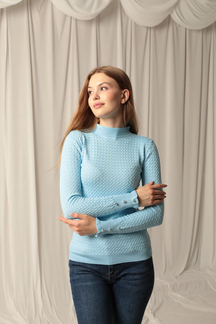KKT Knitwear Fabric Patterned Buttoned Sleeve Women's Baby Blue Blouse - Saint-Raphaël