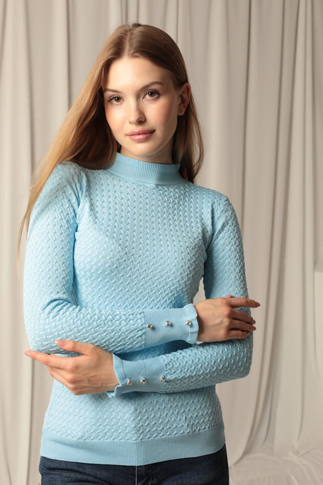 KKT Knitwear Fabric Patterned Buttoned Sleeve Women's Baby Blue Blouse - Saint-Raphaël