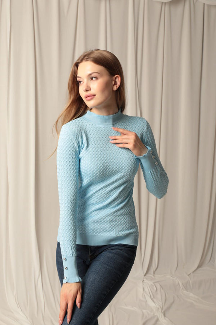 KKT Knitwear Fabric Patterned Buttoned Sleeve Women's Baby Blue Blouse - Saint-Raphaël