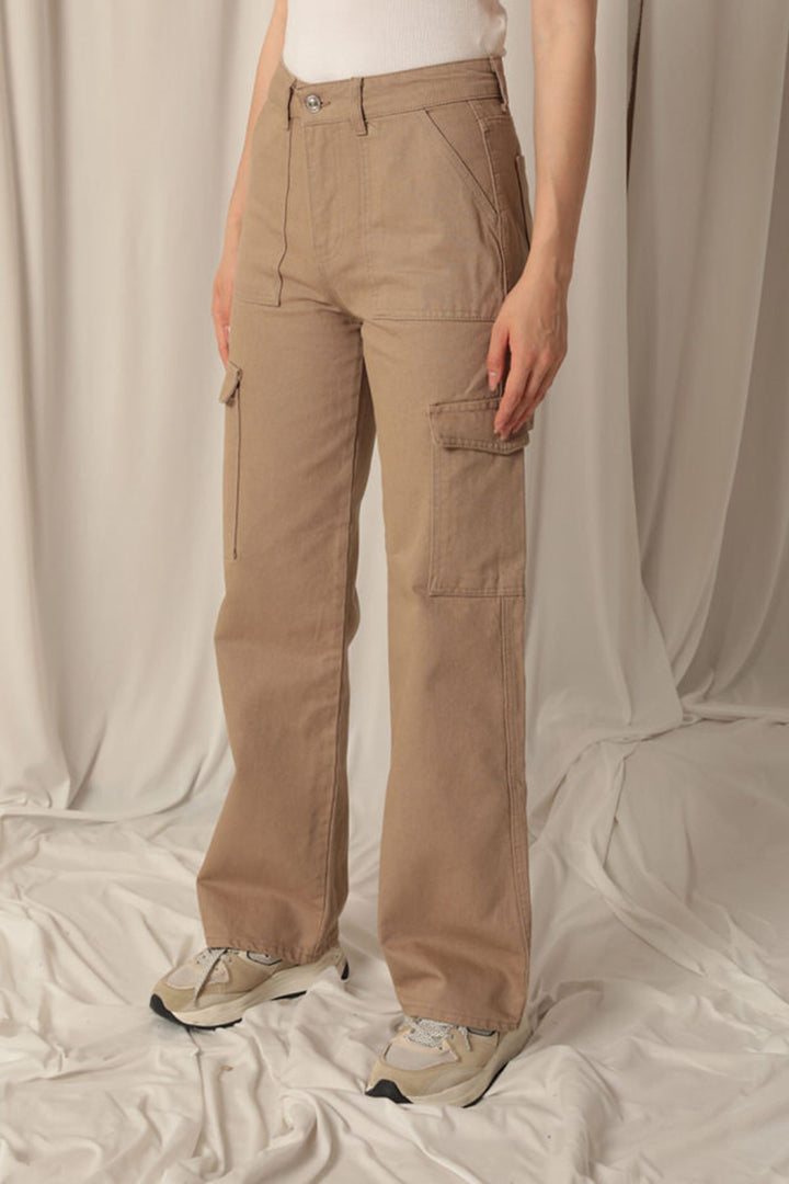 KKT Denim Fabric Cargo Pocket Women's Beige Trousers - Boynton Beach