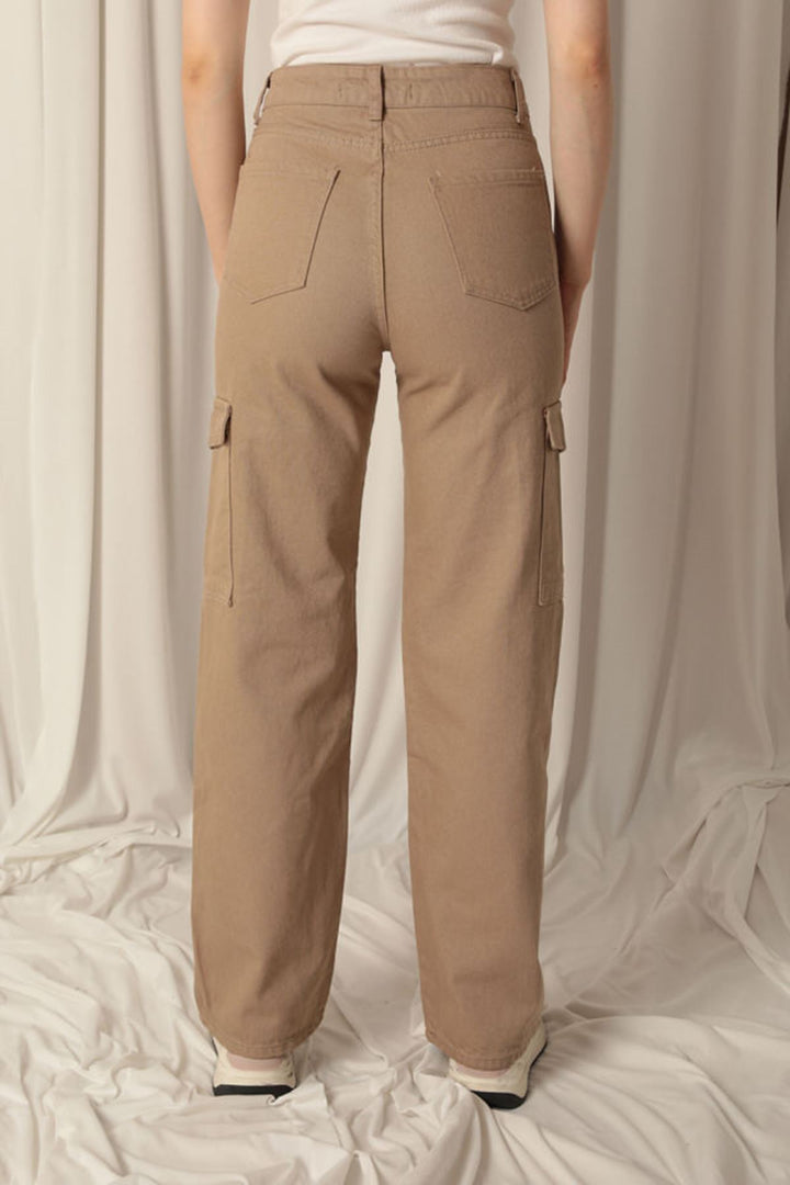 KKT Denim Fabric Cargo Pocket Women's Beige Trousers - Boynton Beach