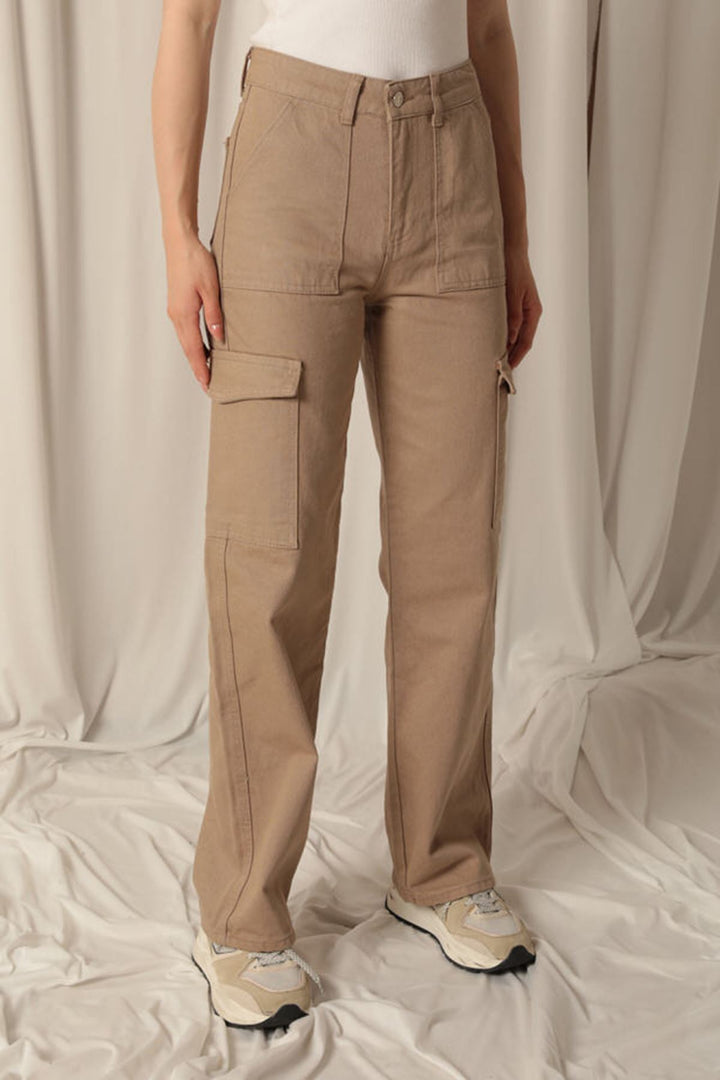 KKT Denim Fabric Cargo Pocket Women's Beige Trousers - Boynton Beach